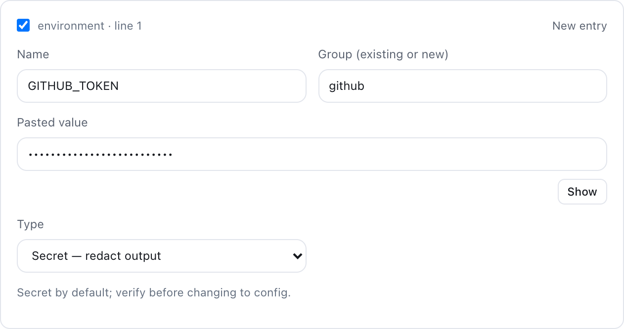 Actual sm import review: GitHub token name, group, masked value and Secret type